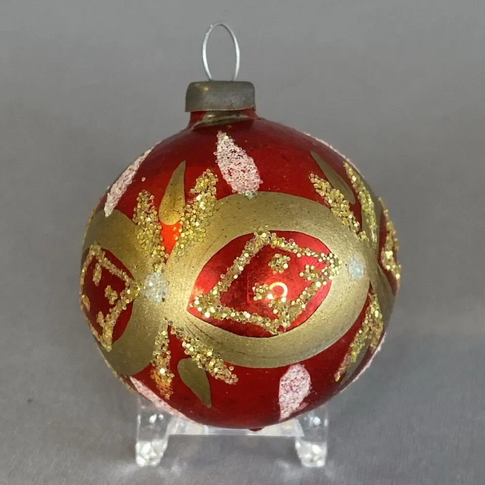 Vintage Christmas Red Gold Glass Ball Ornaments Hand Painted Glitter Holiday
